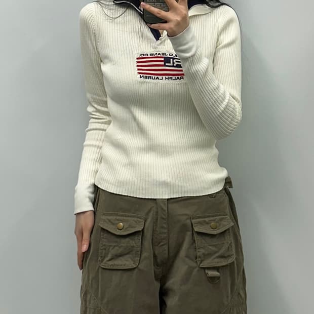 폴로 진스 성조기 화이트 골지 반집업 니트