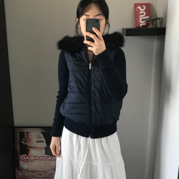 타미힐피거 로고 울프죠 니트 패딩 자켓