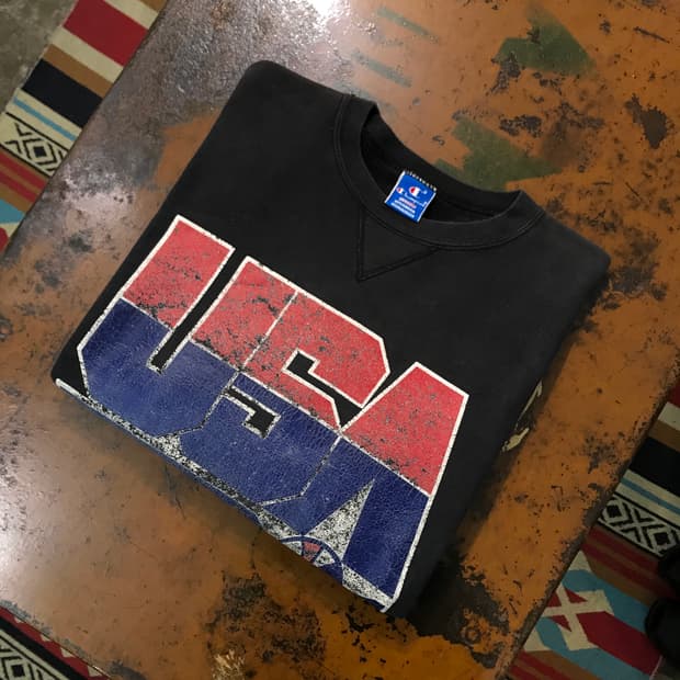 80s USA 챔피온 블랙 프린팅 기모 스웨트셔츠 남성 110 사이즈