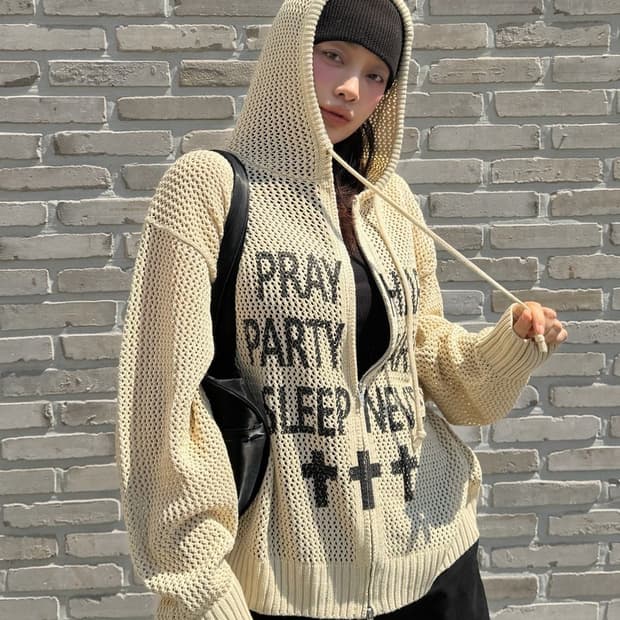 오와이 PRAY HARD KNIT HOODIE ZIP UP