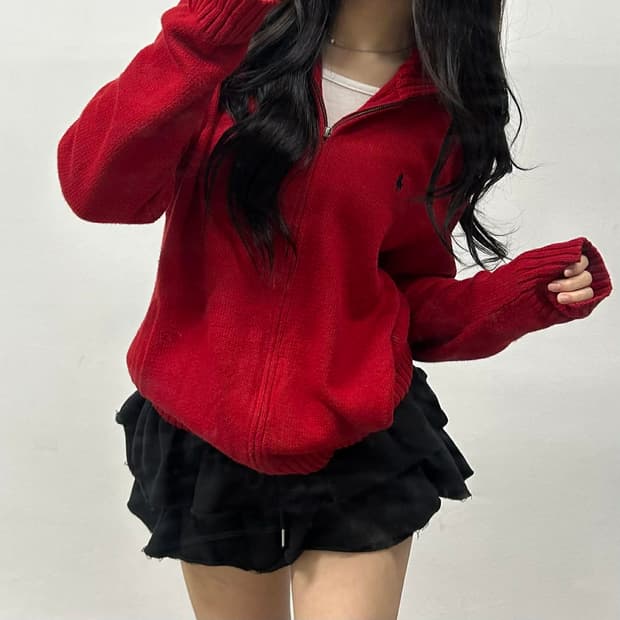 폴로 랄프로렌 레드 코튼 니트 집업 희귀져지(L)