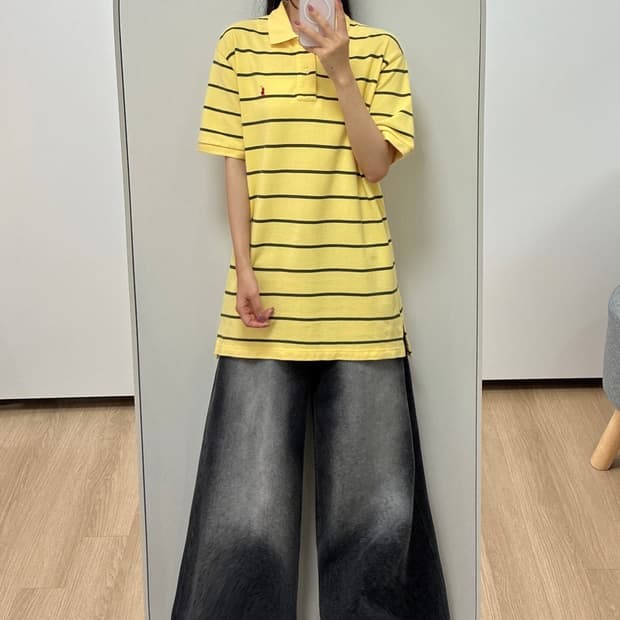 폴로 랄프로렌 옐로우 카키 스트라이프 카라 반팔 티셔츠