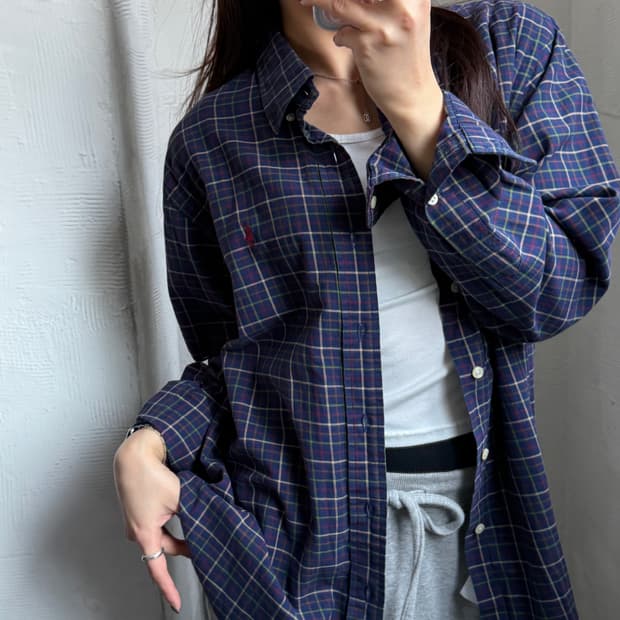 Polo 폴로 랄프로렌 신형라벨 네이비 체크패턴 버튼다운 셔츠