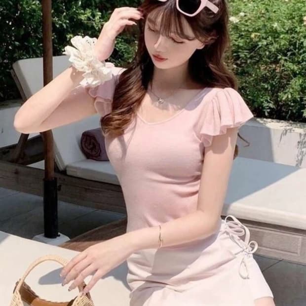 핑크 레이스 퍼프 반팔 니트 새상품