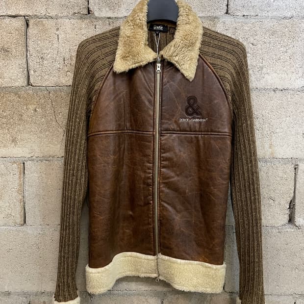 돌체앤가바나 시어링 레더 니트 집업