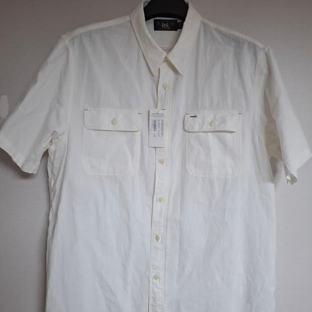 XL RRL 더블알엘 셀비지 디테일 우븐 워크 화이트 반팔 셔츠