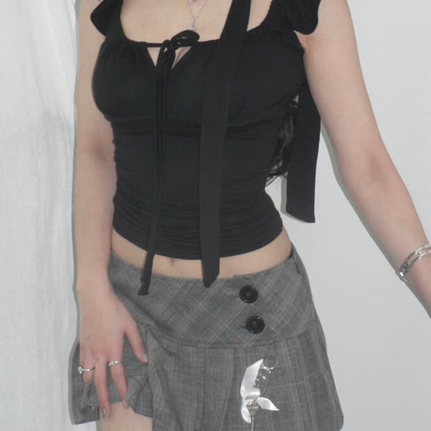 Angelnumber555 Lace tie top black 엔넘파