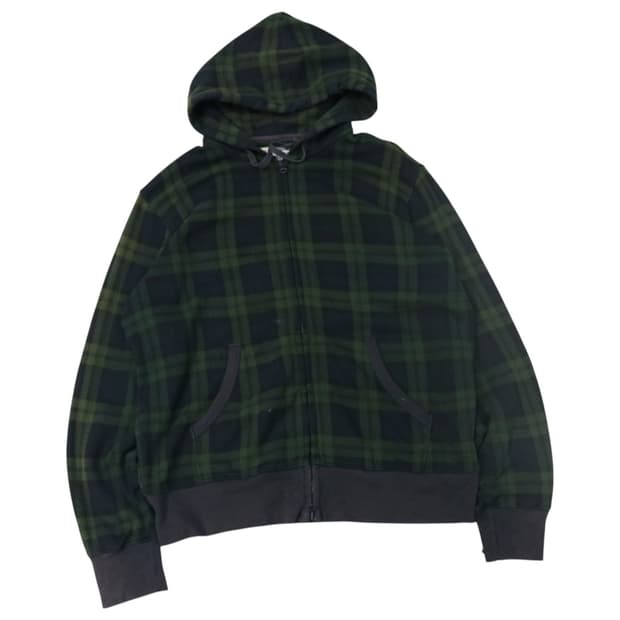 AUTHENTIC 워시드 그린 블랙 타탄 체크 기모 후드 집업 (XL)