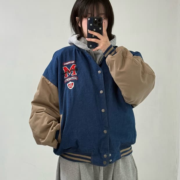 빈티지 미키 데님 바시티 자켓