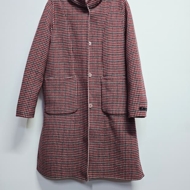 지센 핸드메이드 체크 후드 롱 코트