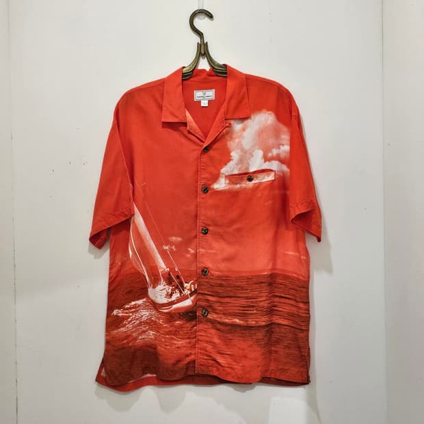 Valentino Christy 레드 오렌지 하와이안 반팔 셔츠
