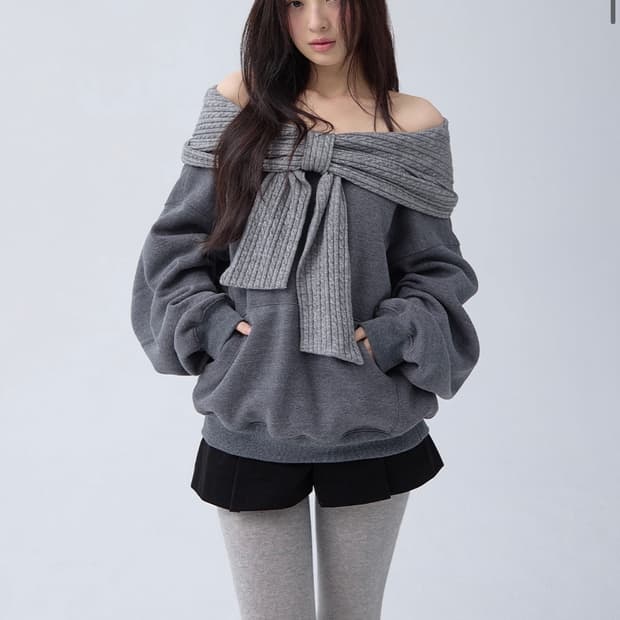 더티스 투웨이 리본 오프숄더 후디 그레이 리본후드 후드티