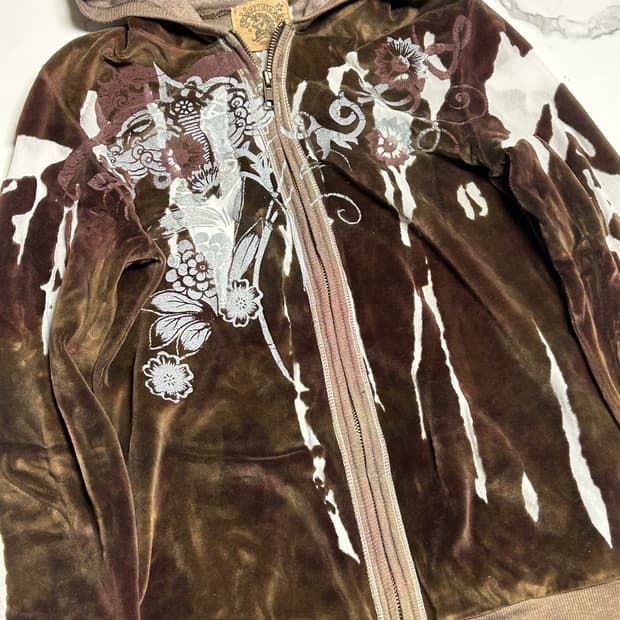 빈티지 오리엔탈 말랑카우 져지 벨벳 집업 후드