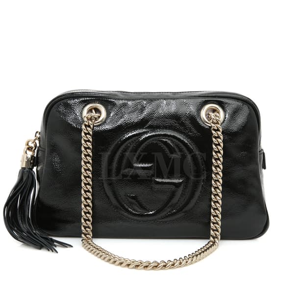 구찌 소호 더블 체인 숄더백 블랙 페이던트 로고백 308983