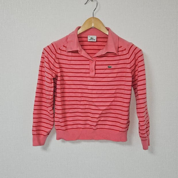 라코스테 여성 크롭 스트라이프 딸기우유 카라니트 올드스쿨 100