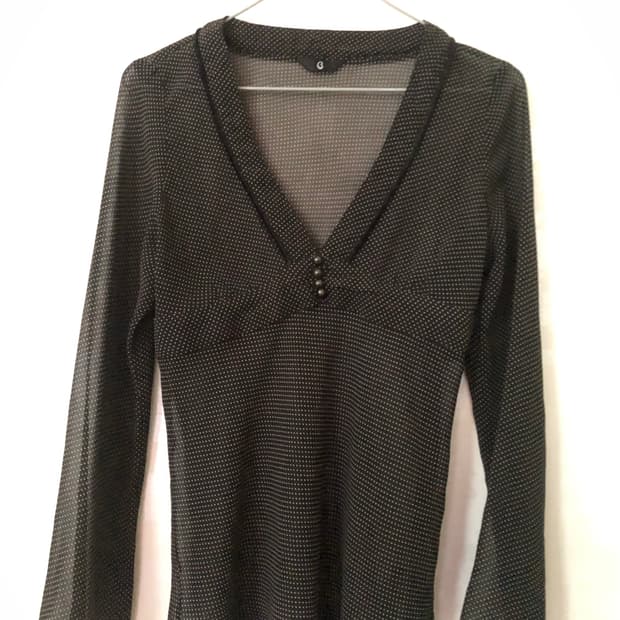 빈티지 시스루 옐로우 도트 블랙 브이넥 긴팔 블라우스