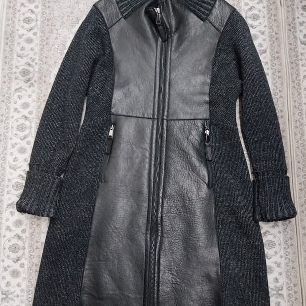 블랙 래더 니트 롱 코트 L