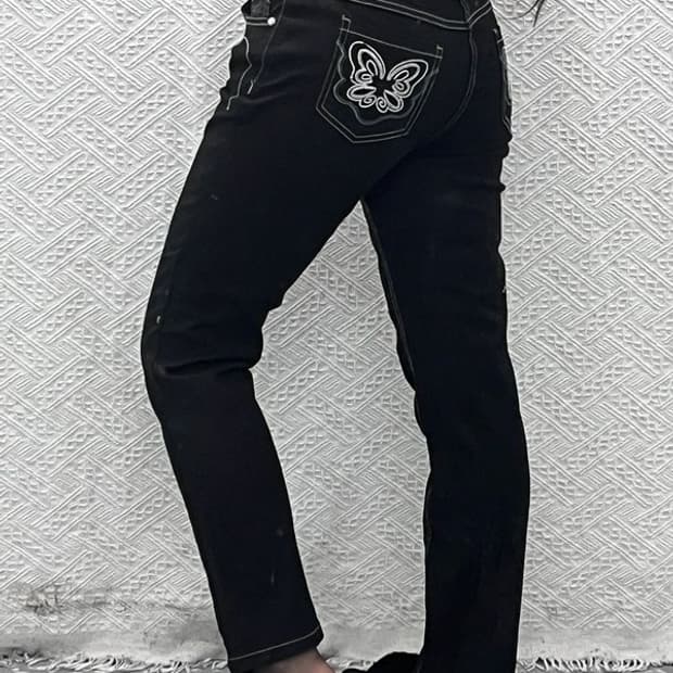 베티붑 펑크 키치 나비자수 흑청 데님팬츠 29인치 C10404