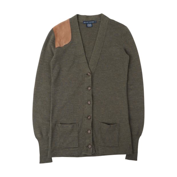 랄프로렌 카키 숄더 스웨이드패치 울 가디건