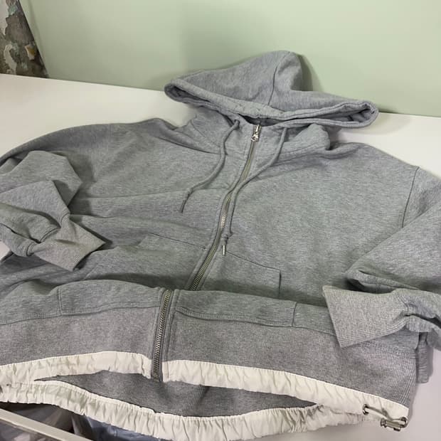 OS 페이브아카이브 그레이 오버핏 밑단스트링 스웻코튼 크롭후드집업 