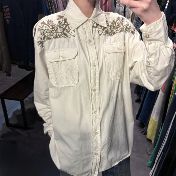 [IM] vtg 화이트 퀼팅 투포켓 웨스턴 셔츠
