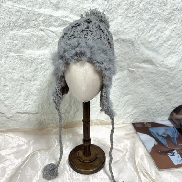 빈티지 Y2K 그레이 토끼털 꽈배기 군밤모자 귀달이모자