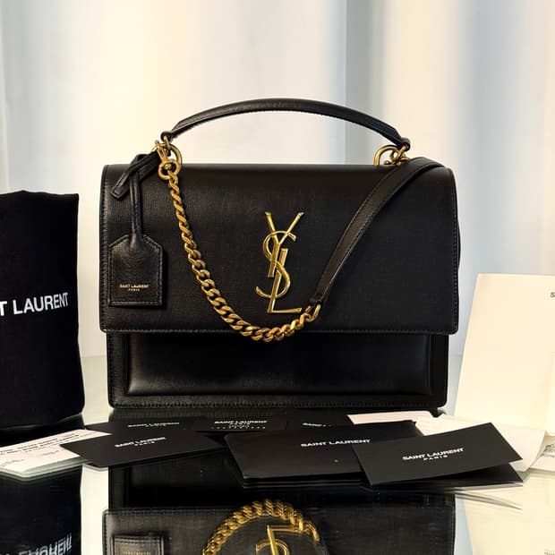 [정품] 입생로랑 선셋백 탑핸들 미디움 블랙 골드 금장