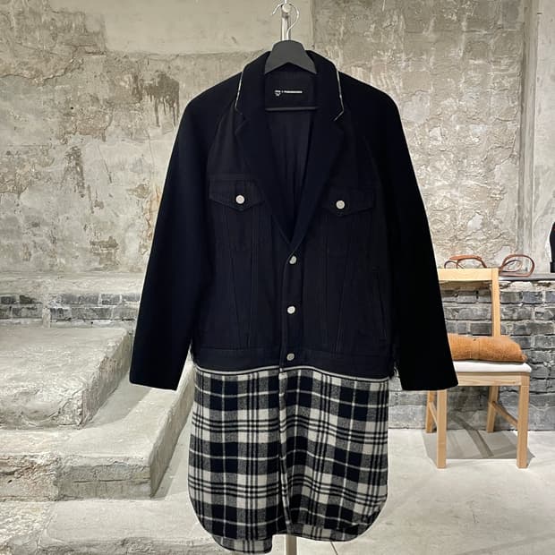 mcm x 페노메논 블랙 퍼 도킹 체크 데님 롱 자켓