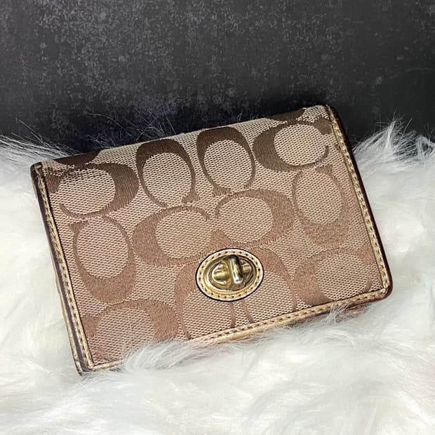 90s coach 시그니처 턴락 골드 캔버스 레더 월렛 반지갑