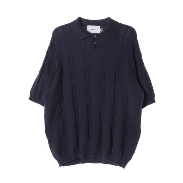 엑스톤즈 케이블 조직 카라 반팔 니트 네이비 M