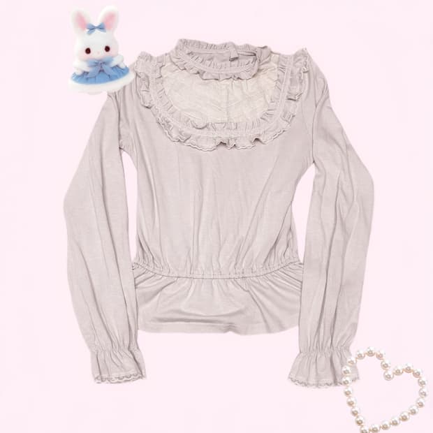 히메갸루 레이스 디테일 포인트 공주 허리 셔링 레이스 긴팔티 