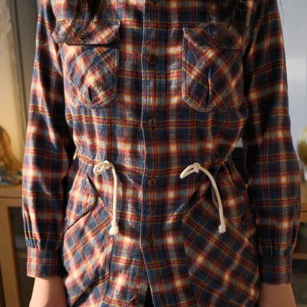 Flannel check long hood shirt
