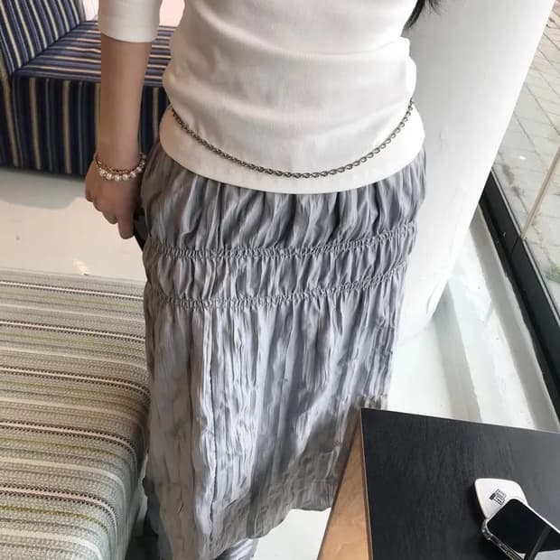 베락 벌룬 롱 밴딩 스커트 블루 그레이 실버