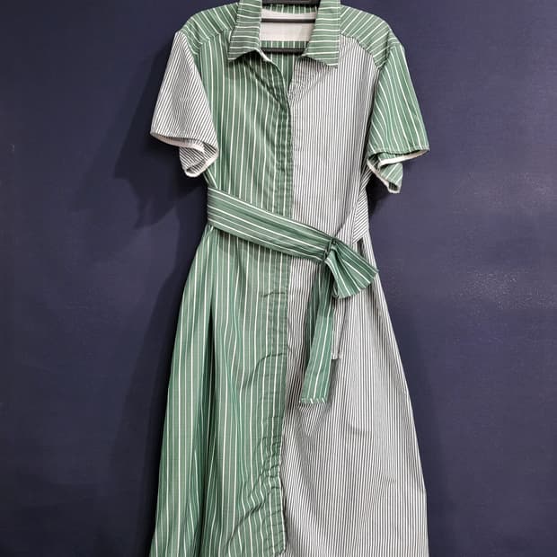 스트라이프 벨트 셔츠식 롱원피스
