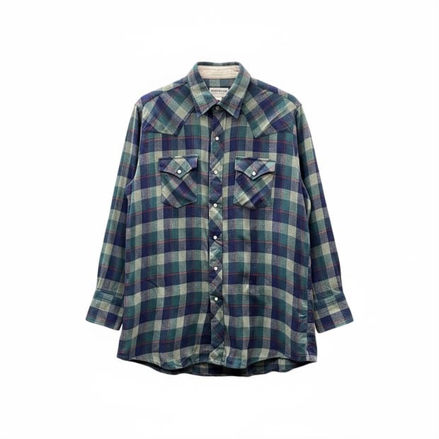 KR VINTAGE 울 체크 셔츠 웨스턴 스냅버튼 디테일 그린