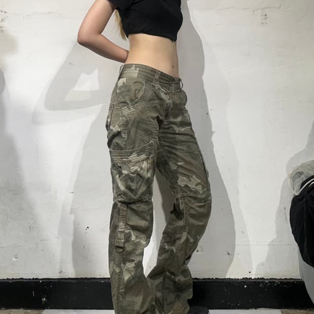 일본 빈티지 카키 카모 와이드 카고 팬츠 M
