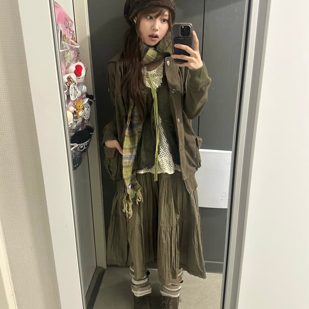 카키 히피모리 그런지 코디세트