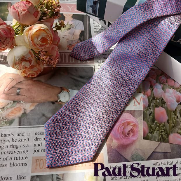 폴스튜어트 블루 핑크 플라워 패턴 넥타이 8.7cm A~B등급 E834