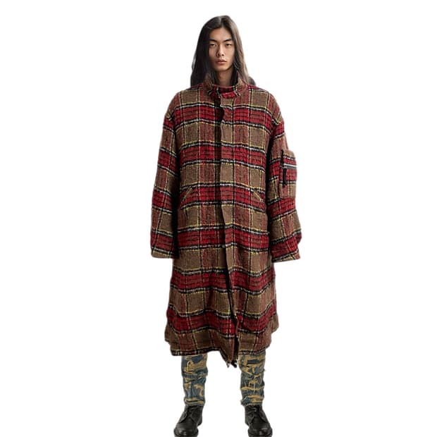 ( 초레어) 언더커버 23ss 모헤어  체크 패턴 아방가르드 미디코트