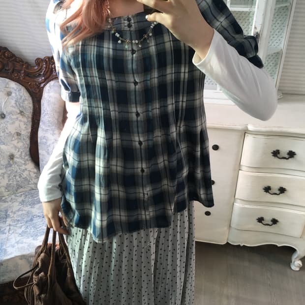 jpn vintage 블루 체크 블라우스