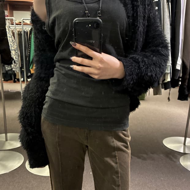 OS)Japanese vintage 여성 체크 무늬 디테일 슬리브리스