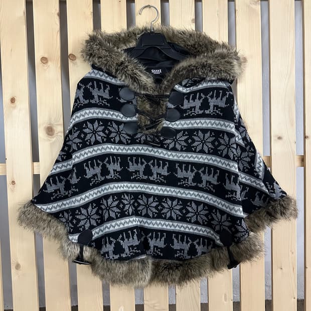 빈티지 노르딕 후드 퍼 니트 케이프 스웨터