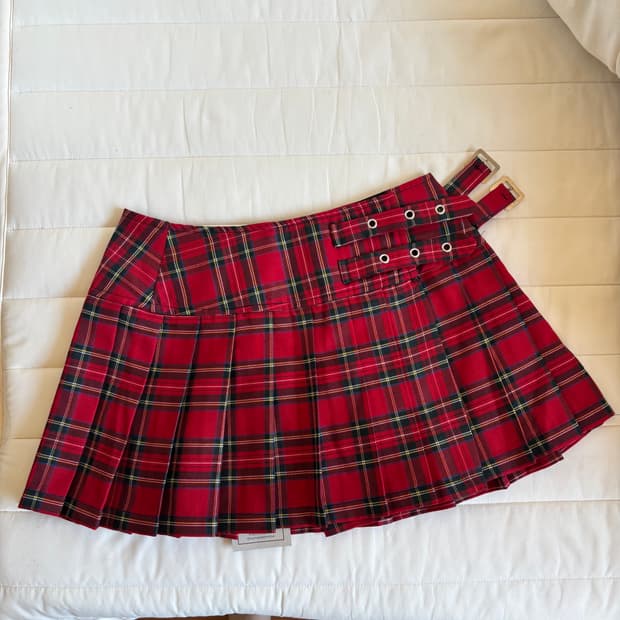 BANNED 레드 체크 플리츠 펑크 스커트 XS 새상품