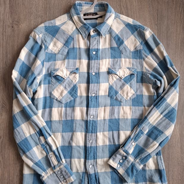L 더블알엘 플래드 트윌 웨스턴 셔츠 체크 남방 블루 화이트