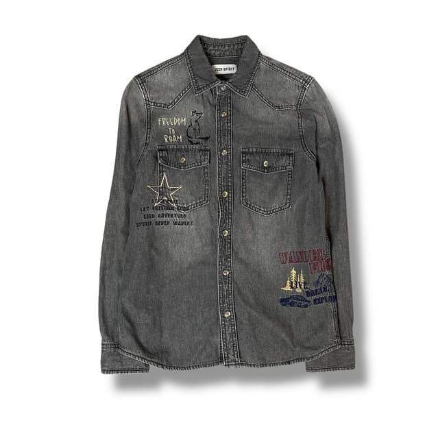 지프 빈티지 흑청 자수패치 데님셔츠 S