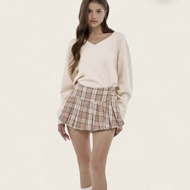 (새상품)클리시어 피치모카 울 플리츠 스커트 딸기초코 스커트 S