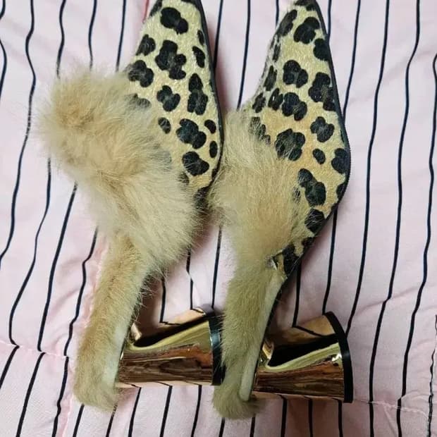 (새상품)갸루 구두 7cm 뮬 슬립온 호피 레오파드