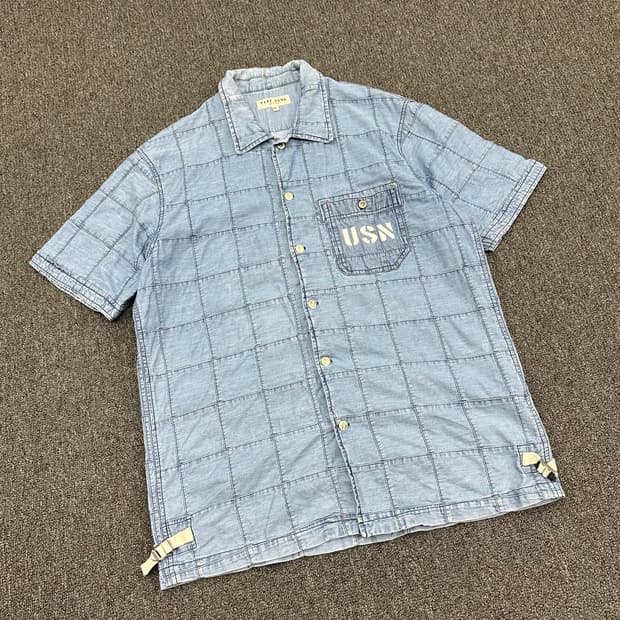 XL)Avirex vintage USN 로고 샴브레이 반팔셔츠