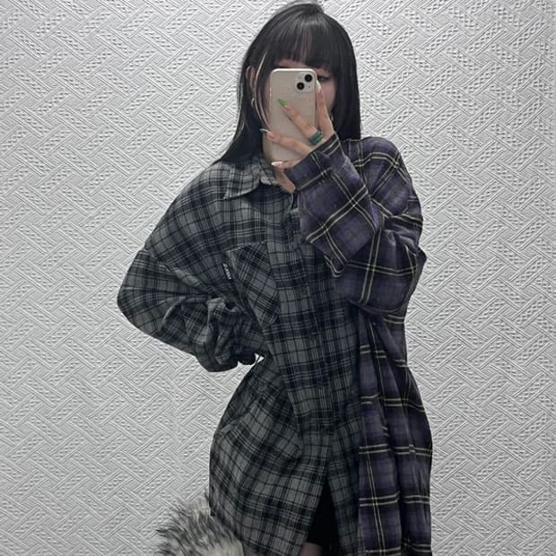 아조바이아조 유니크 스트릿 펑크 언발 체크 셔츠 115 C08965