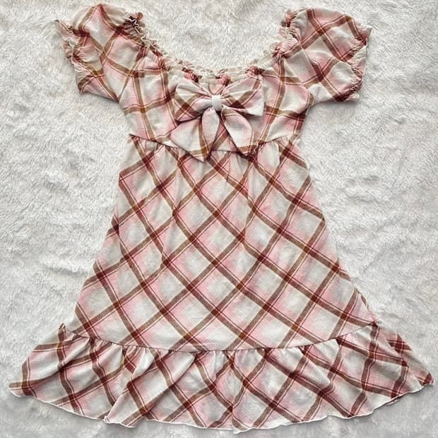 리즈리사 딸기초코 리본 아가일 체크 원피스 히메갸루 로걀 빈티지 대장템